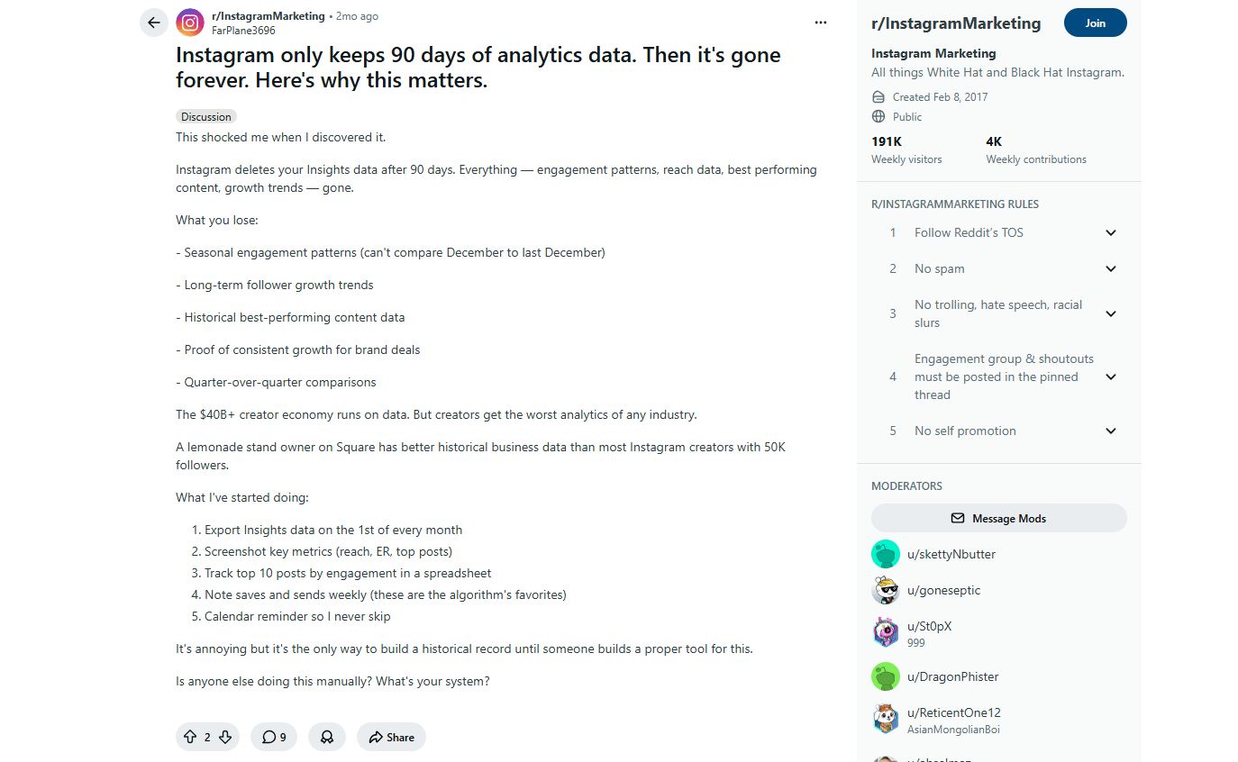 Reddit discussion about Instagram deleting analytics data after 90 days