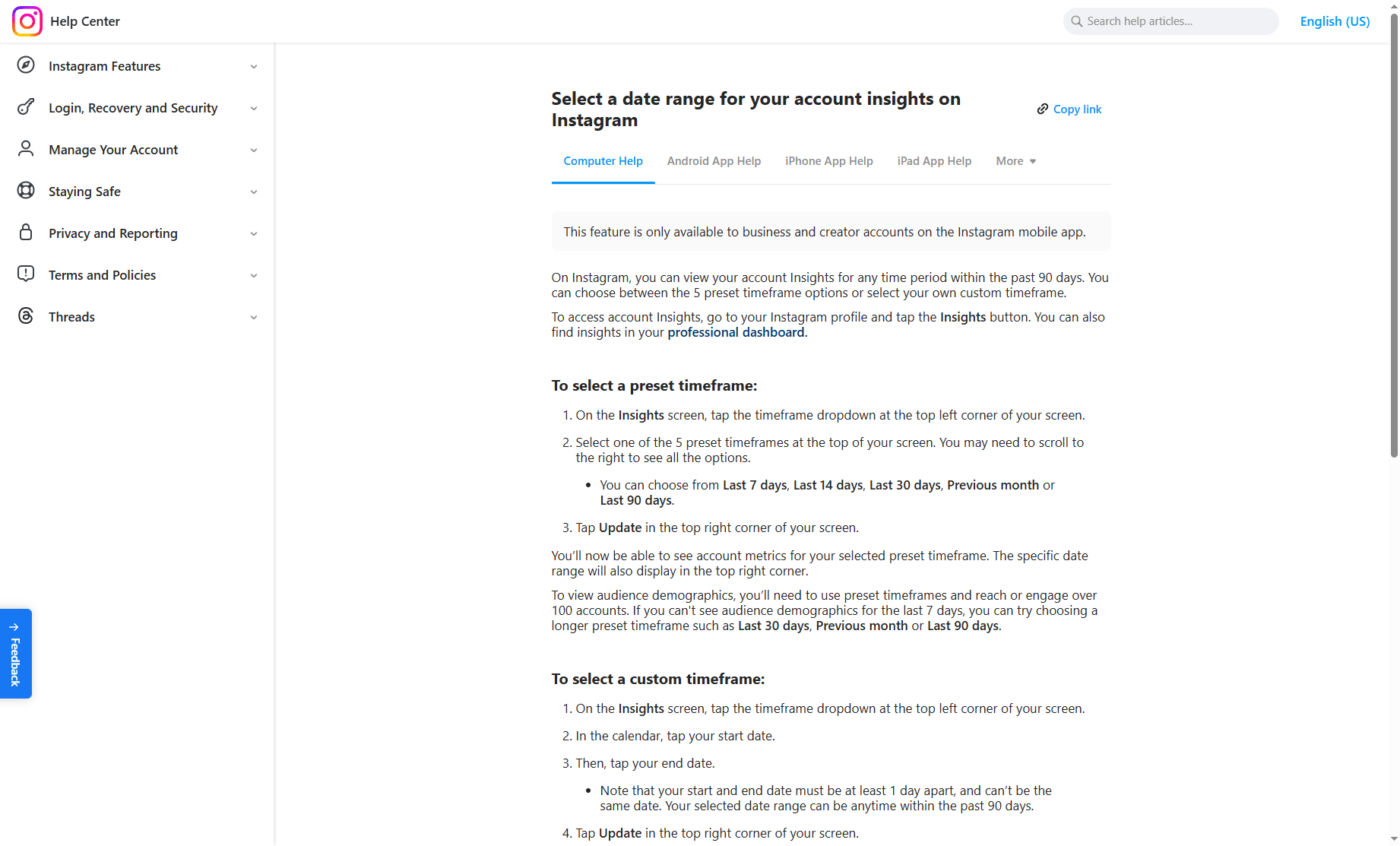 Instagram Insights date range selector showing 90-day limitation