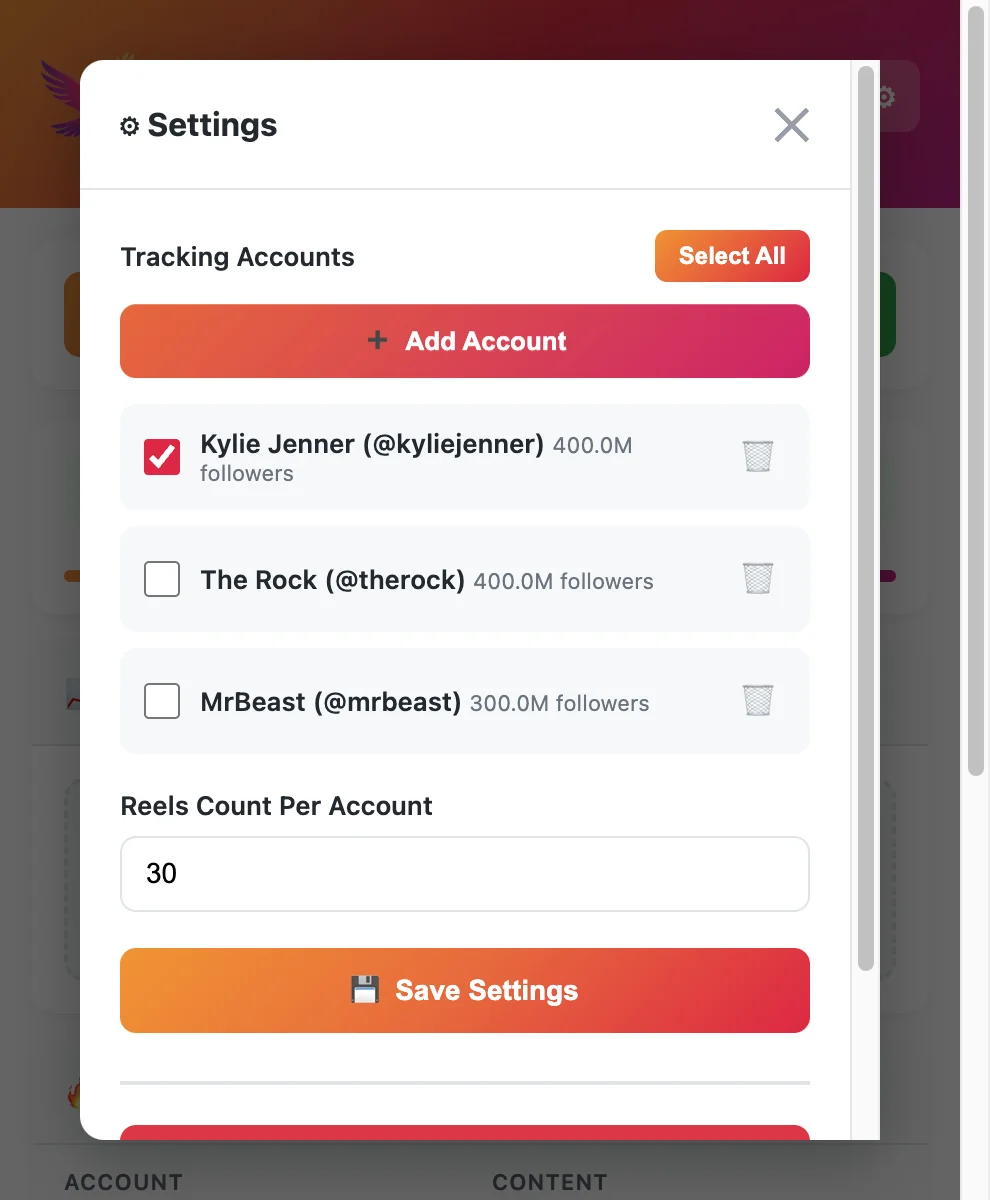 EagleReels Chrome extension panel for multi-account Reels analytics