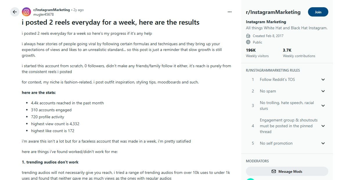 Reddit post showing real results from posting 2 Reels daily for a week