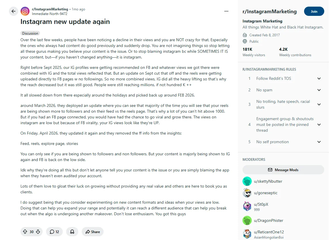 Reddit discussion about Instagram algorithm updates in 2026